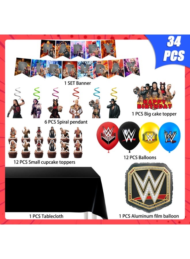 WWE Wrestling Birthday Party Decorations Set, 34PCS WWE Party Supplies with Banner Cake Topper Balloons Tablecloth Spiral Hanging Decor Foil Balloon for Birthday Decoration Supplies - Image 3